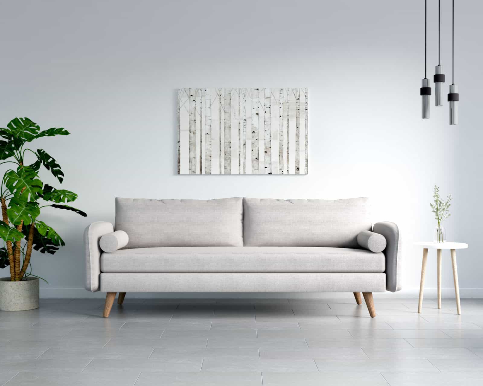 sofa màu ghi trên tường màu trắng
