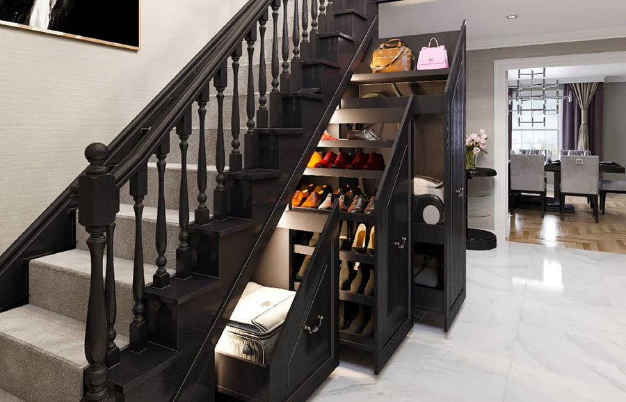 Mẫu tủ giày gầm cầu thang có thiết kế, màu sắc hài hòa với tổng thể 